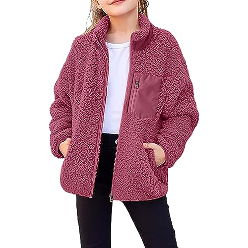 Unisex Kinder Fleece Jacke Sweatjacke Mantel Warme Kuschelige Flauschige Fleecejacke Plüschjacke mit Taschen Knopfleiste Herbst Winter Teddy Tops Winterjacke für 2-12Jahre Mädchen (04-Red, 6-8 Years) von Pursuit-W