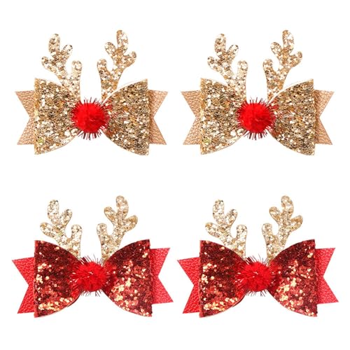 Weihnachten Haarspangen 4 Stück Weihnachts Haarschmuck Haarnadel für Kinder Damen，Schleifen Niedliche Spangen Rentier Haarnadeln Haarclips Haarklammern Geschenke für Weihnachten (Red, One Size) von Pursuit-W