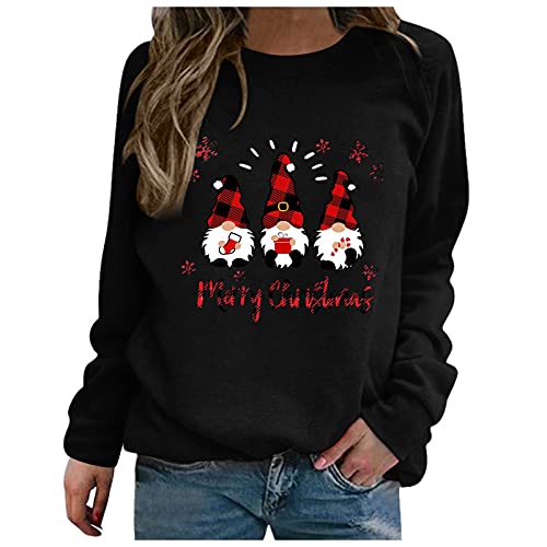 Weihnachten Pullover Damen Sweatshirt Rundhals Weihnachtspullover Langarm Oberteile Christmas Sweatshirts Herbst Winter Lässiges Oberteil Weihnachtsmann Druck Tshirt Leichte Top (01-Black, M) von Pursuit-W