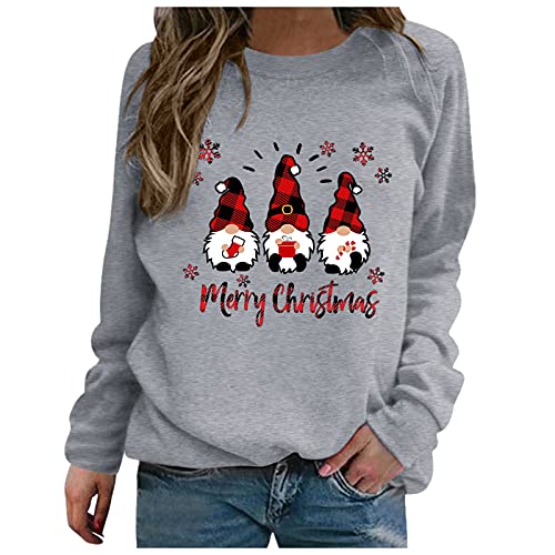 Weihnachten Pullover Damen Sweatshirt Rundhals Weihnachtspullover Langarm Oberteile Christmas Sweatshirts Herbst Winter Lässiges Oberteil Weihnachtsmann Druck Tshirt Leichte Top (01-Grey, M) von Pursuit-W