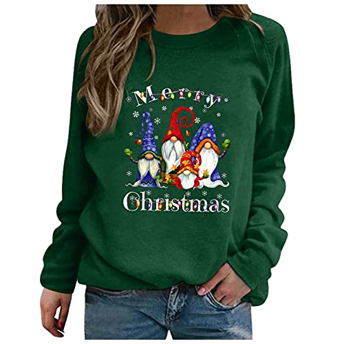 Weihnachten Pullover Damen Sweatshirt Rundhals Weihnachtspullover Langarm Oberteile Christmas Sweatshirts Herbst Winter Lässiges Oberteil Weihnachtsmann Druck Tshirt Leichte Top (04-Green, M) von Pursuit-W