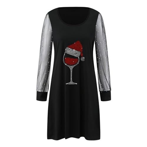 Weihnachtskleid Damen Weihnachten Rot Weinglas Druck Weihnachtskleider Minikleid Sexy Mesh Partykleid Rundhals Kleid Langarm Kleider Herbst Winter Christmas Festkleid Pullover (02-Black, XXL) von Pursuit-W