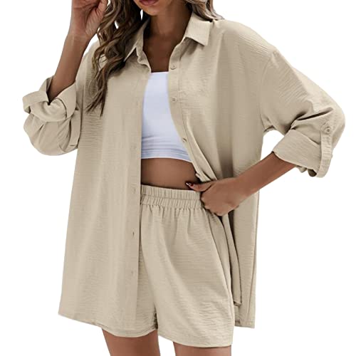 Zweiteiler Damen Sommer Musselin Bluse Outfits Anzug Elegant 2 Teiler Langarm Oversize Hemdshirt Kurze Hose Set Plissee Baumwolle Freizeitanzug Kurz Umlegekragen Mit Knopfleiste Kordelzug Zweiteilig von Pursuit-W