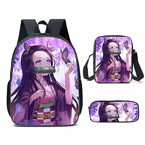Puruuige Kamado Tanjiro Schulrucksäcke für Kinder Teens 3-in-1 Anime Agatsuma Zenitsu/Kamado Nezuko Schulranzen Set mit Lunchtasche Federmäppchen für Kinder Schulanfang Geschenke, Typ 16, 40x13x30CM von Puruuige