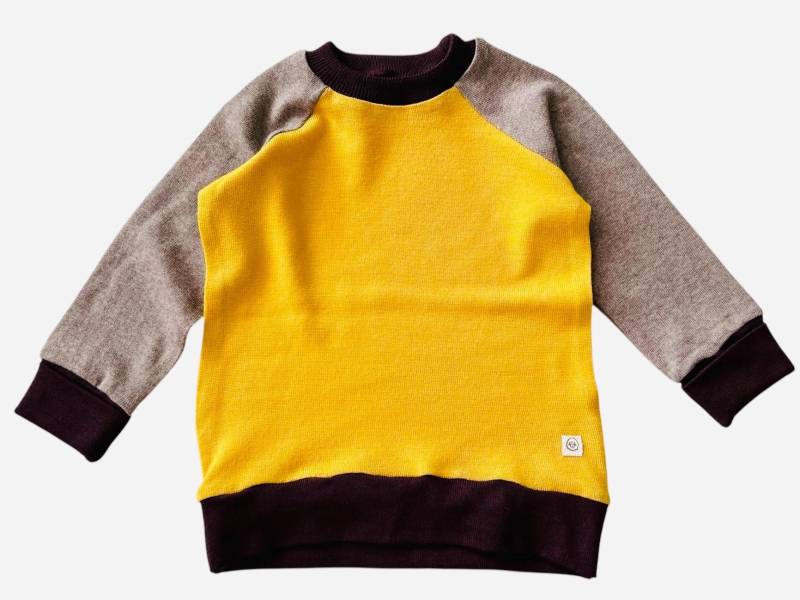 Wollpullover Gelb Lila Taupe Upcycling Merinowolle Gr. 92/98 von Purwolli
