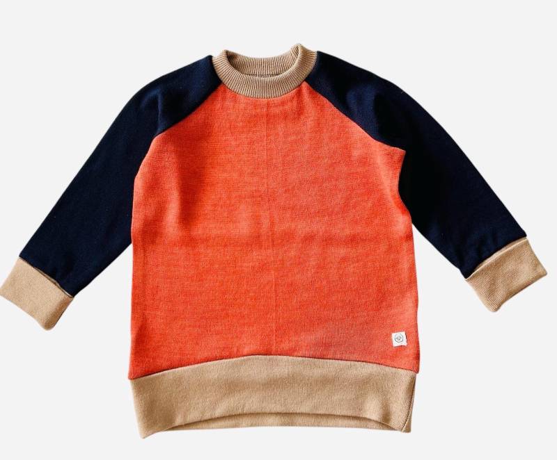 Wollpullover Gr. 92/98 Orange Camel Marine Upcycling Merinowolle von Purwolli