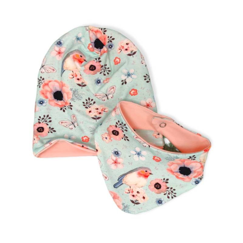Set Beanie Mütze/Halstuch Rotkehlchen Mint Lachs Mädchen Puschel-Design® von PuschelDesign