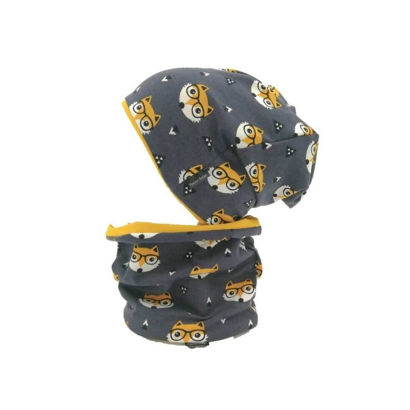 Set Wendebeanie + Loop Fuchs Grau Senf Puschel-Design von PuschelDesign