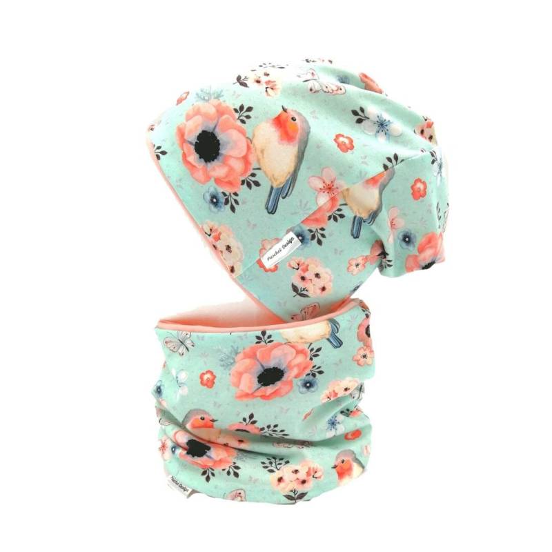 Set Wendebeanie + Loop Rotkehlchen Mint Lachs Puschel-Design von PuschelDesign