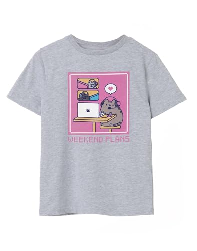Pusheen Big Girls Graues Kurzarm-T-Shirt | Wochenendpläne Katzendesign | Authentisches Merchandise | Gemütliches und stilvolles Geschenk Fans von Pusheen