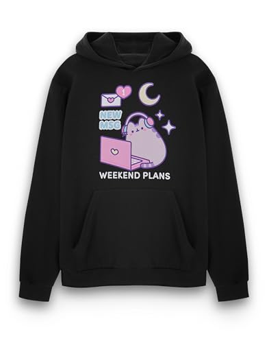 Pusheen Damen-Kapuzenpullover, grafisches Kapuzen-Sweatshirt in Schwarz, Katze, Kätzchen, Laptop, Msg Love Hearts Apparel Sweater, Schwarz, L von Pusheen