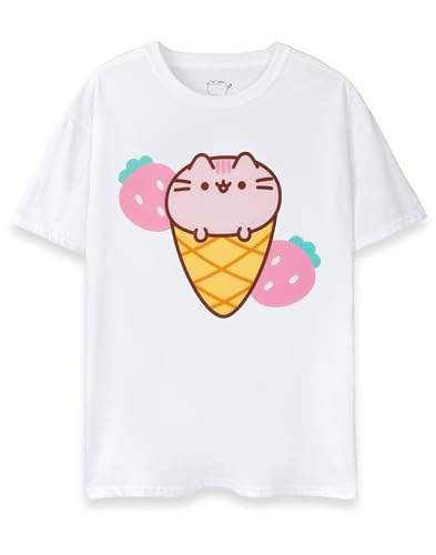 Pusheen Damen T-Shirt | Damen Cat Ice Cream Kurzarm-Grafik-T-Shirt in Weiß | Entzückendes Tier-Erdbeer-Dessert-Internet-Kätzchen-Bekleidungs-Top | Süßes Merchandise-Geschenk mit Rundhalsausschnitt von Pusheen