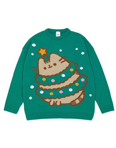 Pusheen Grüner Weihnachtsstrickpullover für Damen | Festlicher Feiertagspullover - Süß & Kuschelig | Stilvolle The Cat Weihnachtsbekleidung | Festliches Sweatshirt mit Katzenmotiv von Pusheen