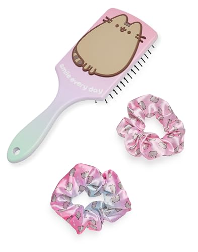 Pusheen Haarbürste und Haargummi-Set für Damen | Bommel- und Paddelbürste mit Allover-Print für Erwachsene und 3D-Katze | Mehrfarbige Entwirrungskissenbürste und Haarband von Pusheen