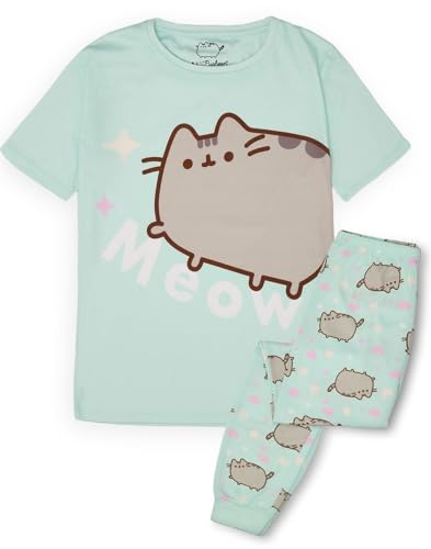 Pusheen Mädchen Pyjama Set | Junge Damen Grün Loungewear Kurzarm-T-Shirt & Allover-Print Langbeinhose Voller Pyjama | Internet Katze MIAU Pyjama | Teenager-Nachtwäsche Merch Geschenk von Pusheen