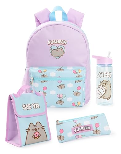 Pusheen Mädchen Rucksack Set | Kinder 4-teiliges blaues und rosafarbenes Rucksack-Bundle mit Schulranzen, Federmäppchen, Lunchtasche und Wasserflasche | Kätzchen Katze Grafik Komplettes Matching Set von Pusheen