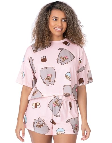 Pusheen The Cat Damen Pyjamas | Erwachsene Damen Cropped T-Shirt mit kurzen Hosen Pjs | Pastellrosa Cartoon Katze isst Sushi | Charakter-Merchandise von Pusheen