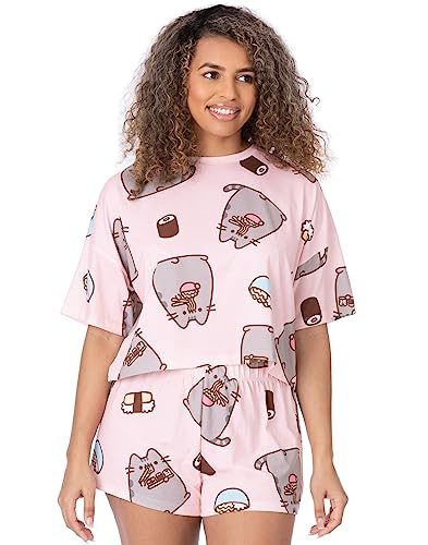 Pusheen The Cat Damen Pyjamas | Erwachsene Damen Cropped T-Shirt mit kurzen Hosen Pjs | Pastellrosa Cartoon Katze isst Sushi | Charakter-Merchandise von Pusheen