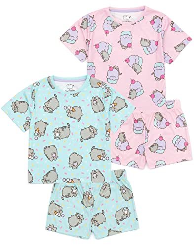 Pusheen The Cat Girls 2er Pack Pyjama | Kinder Teens Blau Pink Cartoon Katze EIS Cupcakes T-Shirt Shorts Set Nachtwäsche Merchandise von Pusheen