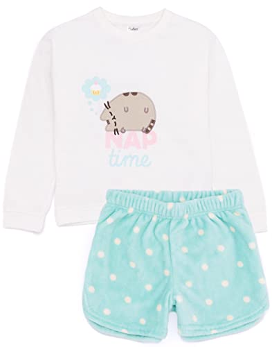 Pusheen The Cat Girls Pyjamas | Kinder Cartoon Katze Nickerchen Zeit T-Shirt mit mintgrünem flauschigem Fleece Shorts Loungewear Pjs | Merchandise Geschenk für Sie von Pusheen