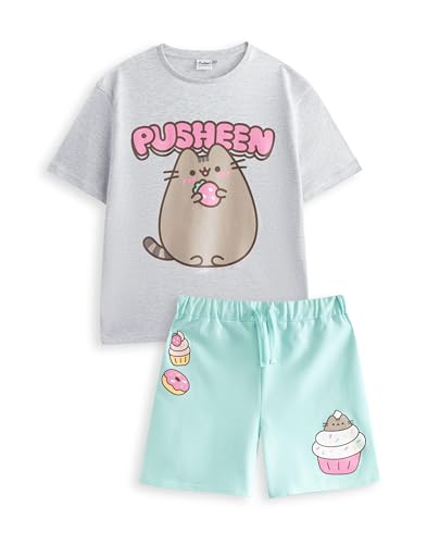 Pusheen the Cat Mädchen-Set aus grauem T-Shirt und Shorts | Mintgrünes Grafik-T-Shirt mit elastischem Bund | Kurzarm-Freizeitkleidung Merch – 13–14 Jahre von Pusheen