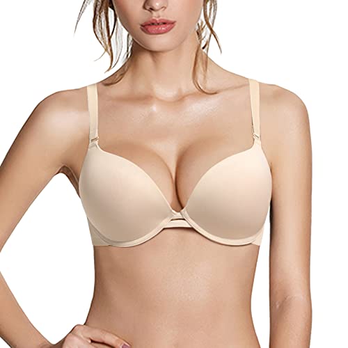 Pushlus Push-Up-T-Shirt, dick gepolstert, tiefer Bügel, Spitzen-BH, Lift-Unterstützung für Frauen, fügen Sie eine Körbchen hinzu, Solider hautfarbener BH, 100B von Pushlus