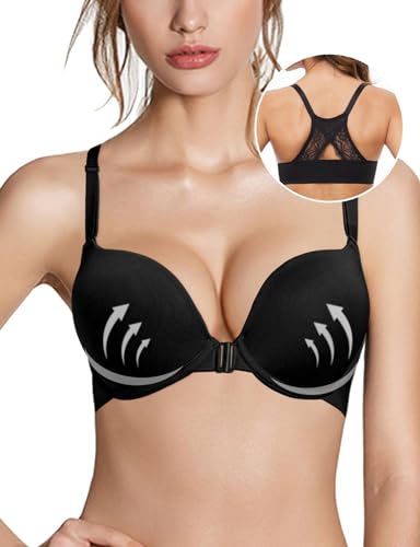 Pushlus Dicker gepolsterter Push-Up-BH, Racerback, Frontverschluss, tiefes Design, schwarzer BH, 90B von Pushlus