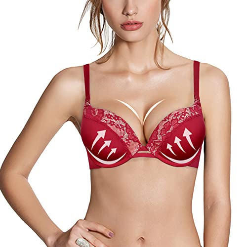 Pushlus Push Up Dick Gepolsterte Plunge Bügel T-Shirt Spitze BH Lift Unterstützung für Frauen Fügen Sie eine Körbchen hinzu, Roter BH, 75A von Pushlus