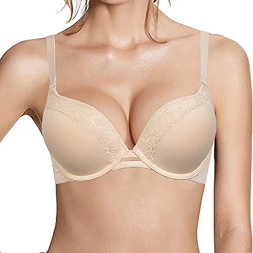 Pushlus Push-Up-T-Shirt, dick gepolstert, tiefer Bügel, Spitzen-BH, Lift-Unterstützung für Frauen, fügen Sie eine Körbchen hinzu, Hautfarbener BH, 95C von Pushlus