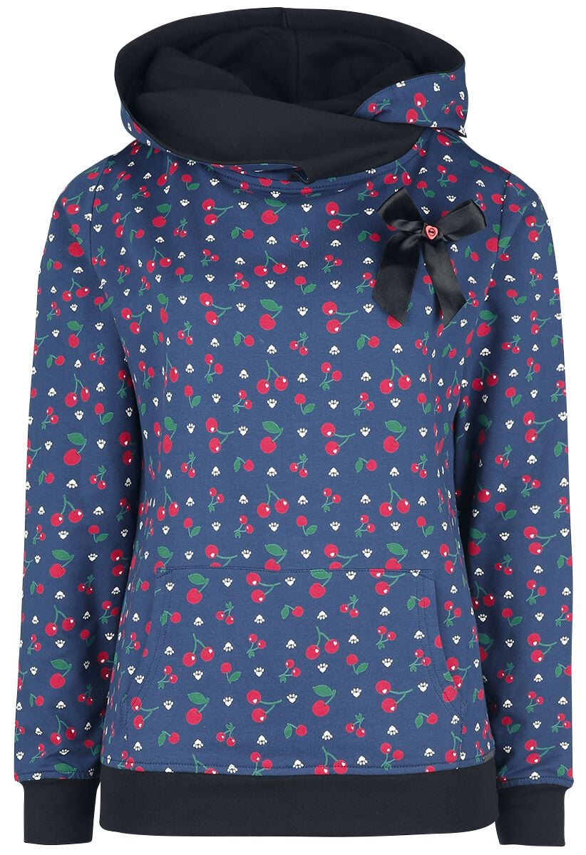 Pussy Deluxe - Rockabilly Kapuzenpullover - Cat Paws & Cherries Girl Shawl Hoodie - XS bis S - für Damen - Größe S - blau von Pussy Deluxe