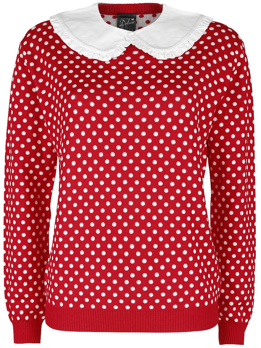 Pussy Deluxe - Rockabilly Strickpullover - Dotties Knit Pullover & Collar - XS bis XL - für Damen - Größe L - rot/weiß von Pussy Deluxe