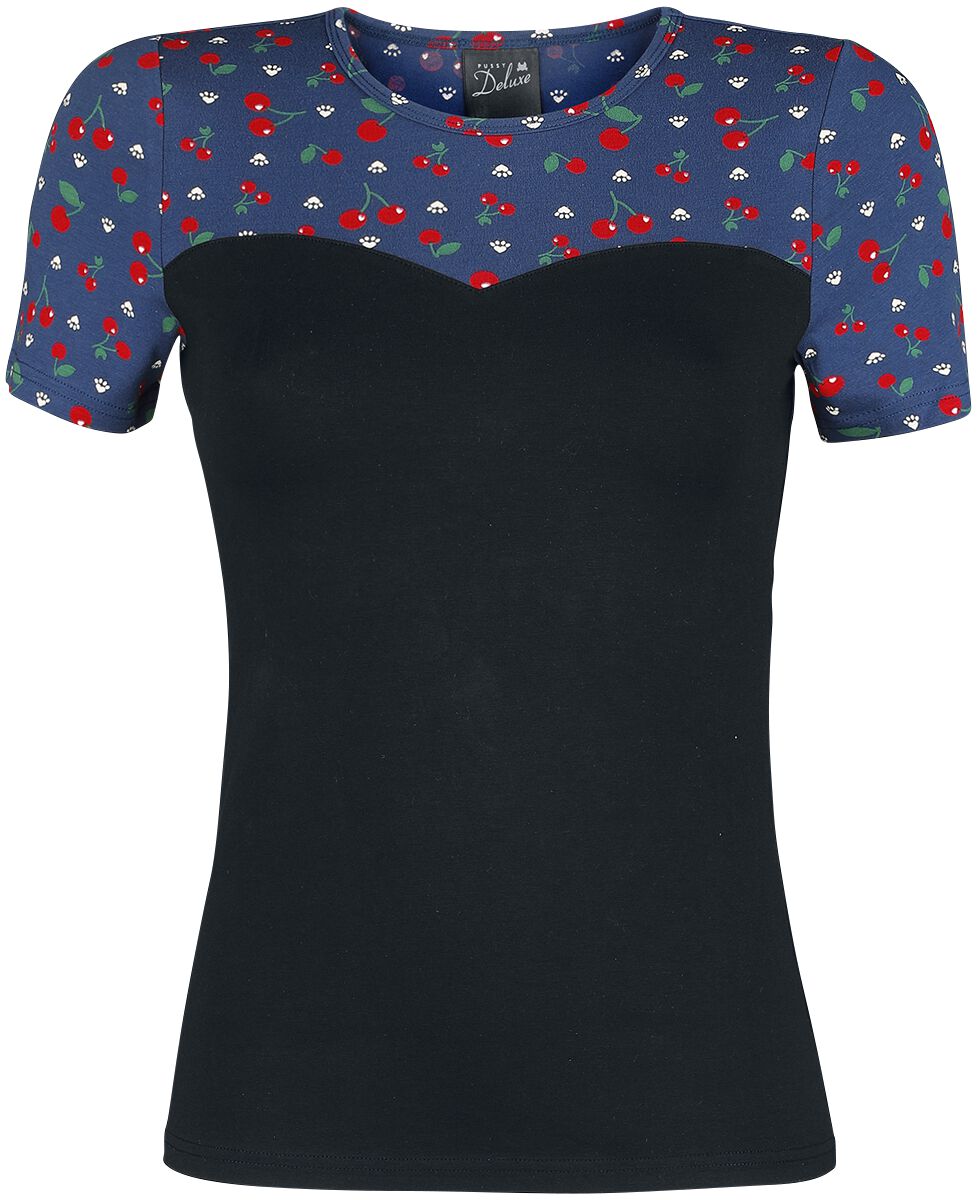 Pussy Deluxe - Rockabilly T-Shirt - Cat Paws & Cherries Girl Basic Shirt - XS bis M - für Damen - Größe M - blau/schwarz von Pussy Deluxe