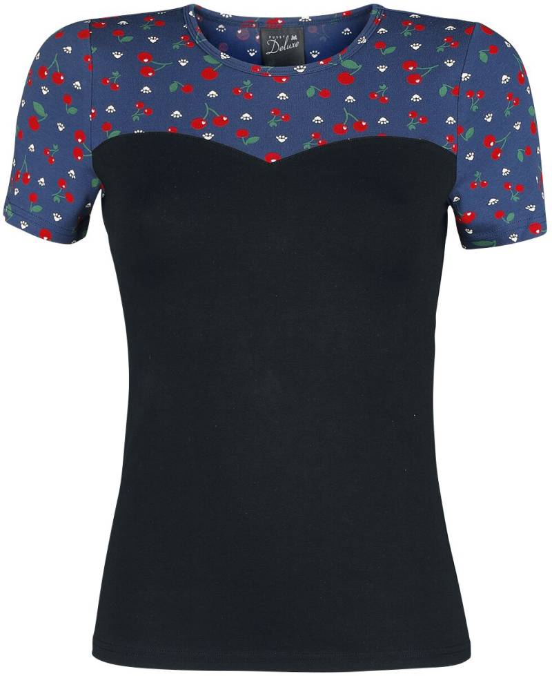 Pussy Deluxe - Rockabilly T-Shirt - Cat Paws & Cherries Girl Basic Shirt - XS bis M - für Damen - Größe M - blau/schwarz von Pussy Deluxe