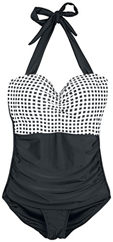 Pussy Deluxe Square Dance Damen Badeanzug schwarz Allover, toller Materialmix aus Polyester und Elasthan, Badeanzug mit Neckholder Trägern, tolles schwarz Weiss Kariertes Muster, Größe:S von Pussy Deluxe