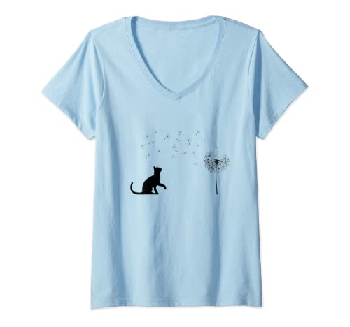Damen Katze mit Pusteblume T-Shirt mit V-Ausschnitt von Pusteblume mit fliegenden Samen