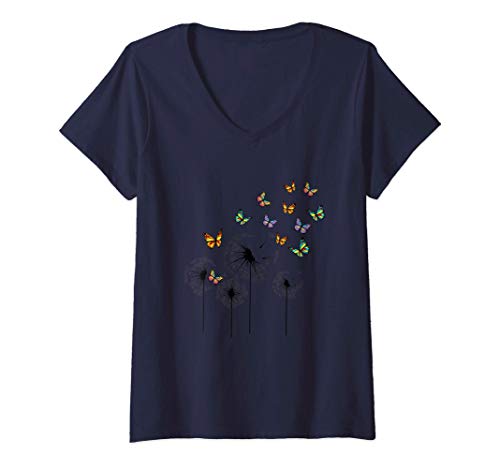 Damen Pusteblume und Schmetterlinge Geburtstag Geschenkidee Damen T-Shirt mit V-Ausschnitt von Pusteblume und Schmetterlinge Geburtstag Geschenk