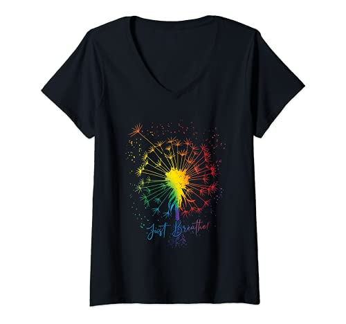Damen Süßes Pusteblume Just Tattoomotiv Pfeil Breathe Regenbogen T-Shirt mit V-Ausschnitt Damen Süßes Pusteblume Just Tattoomotiv Pfeil Breathe Regenbogen T-Shirt mit V-Ausschnitt von Pusteblumen Blumenmotiv LGBTQ Pride Lustig Sprüche