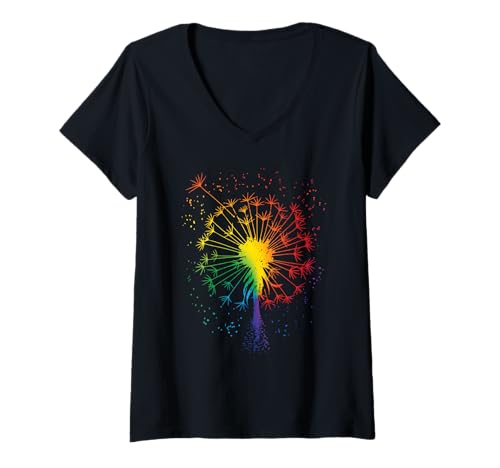 Damen Just Pusteblume Löwenzahn Garten Breathe Regenbogen Blume T-Shirt mit V-Ausschnitt von Pusteblumen Blumenmotiv Sommer Sonne by Organiqed