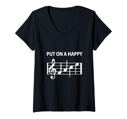 Damen Put On a Happy Face Musiknoten T-Shirt T-Shirt mit V-Ausschnitt von Put On a Happy FACE Musical Notes
