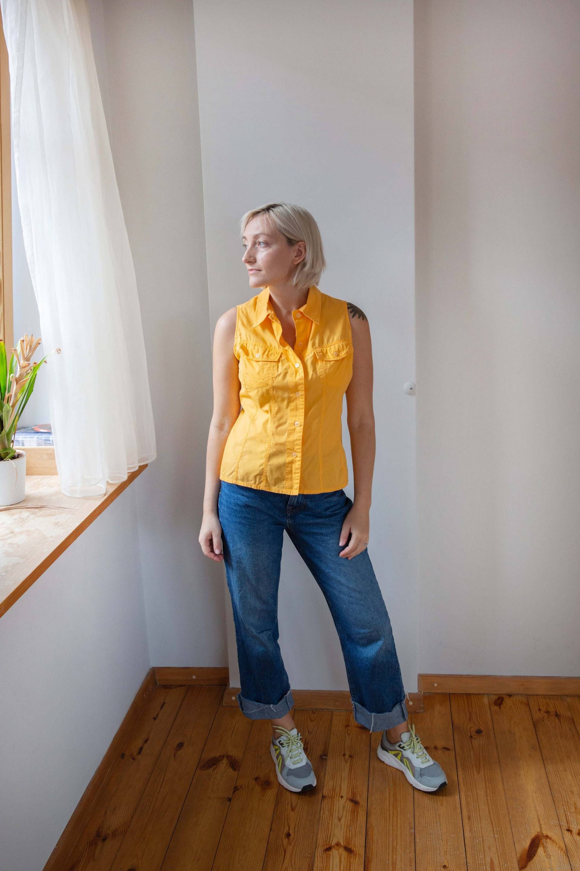 Vintage Frauen Ärmellose Kragen Bluse in Orange, Second Hand Sommer/Urlaub Top von PutOnVintage