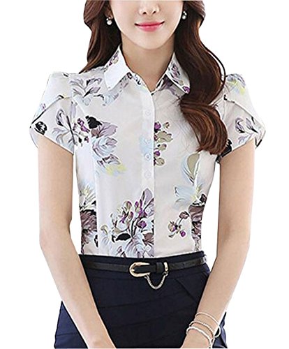 Damen Baumwolle Button Down Hemd Kurzarm Falten Bluse Bedruckt 40 von Putaowor