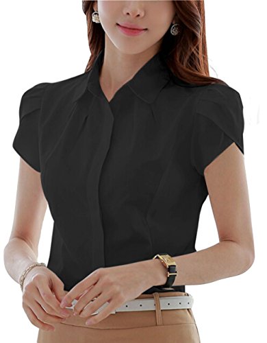Damen Baumwolle Button Down Hemd Kurzarm Falten Bluse Solid Schwarz 50 von Putaowor