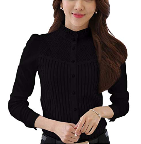 Damen Chiffon Vintage Stehkragen Button Down Hemd Langarm Spitze Bluse mit Stretch Schwarz Hoher Hals 34 von Putaowor