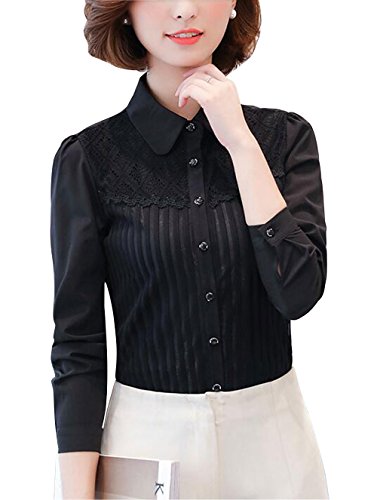 Damen Chiffon Vintage Stehkragen Button Down Hemd Langarm Spitze Bluse mit Stretch Schwarzes Kragen 42 von Putaowor