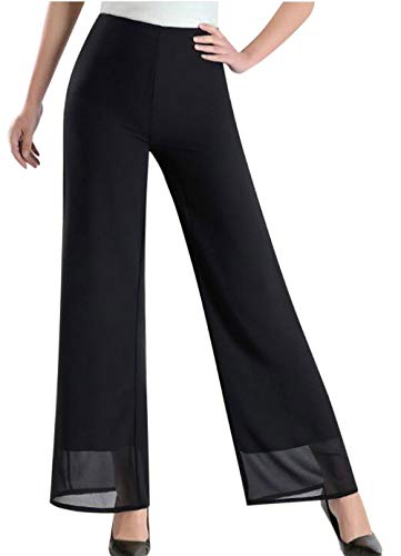 Putaowor Damen Leicht Chiffon hohe elastische Taille Fließende Hose ausgestellt gerades Bein Frauen Hochzeit Cocktail Culottes Black Regular 48 von Putaowor