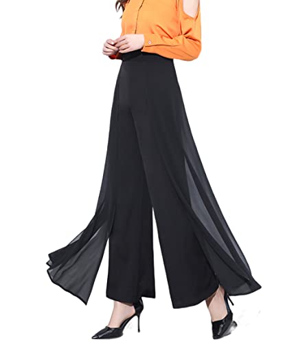 Putaowor Damen Leicht Chiffon hohe elastische Taille Fließende Hose ausgestellt gerades Bein Frauen Hochzeit Cocktail Culottes Side Flare Schwarz 34 von Putaowor