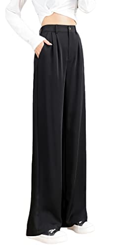 Putaowor Damen Hose mit weitem Bein, hohe Taille, elastische Taille, lange Hose, Stretchhose, Schwarz , 38 von Putaowor