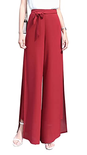 Putaowor Damen Lässige Chiffonhose für Damen mit hoher Taille Hose mit geradem Zum Selbstbinden Bindegürtel Rot 40 von Putaowor