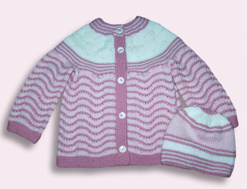 Baby Garnitur Gr 74 - 80 Strickjacke + Mütze Rosa Weiß Handmade Baby Girls Cardigan Cap From 9 12 Months Pink von Puttelmuttel