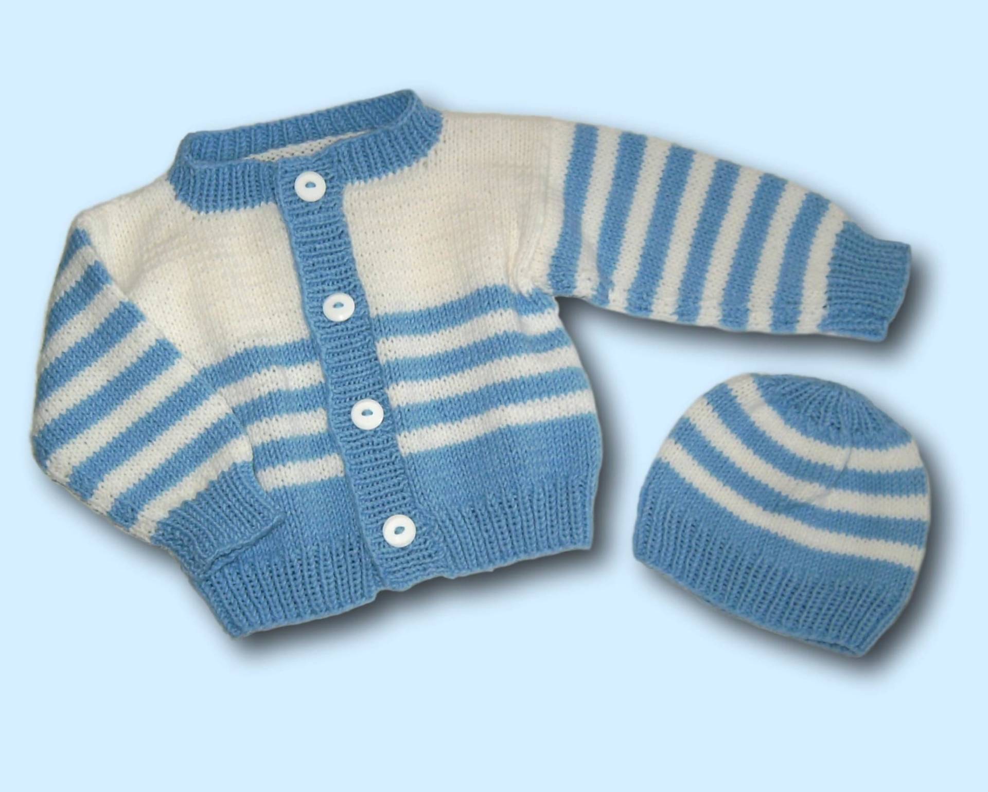 Baby Garnitur Strickjacke + Hose Mütze Gr 74 80 Hellblau Weiß Gestreift Neu Handmade Baby Boys Cardigan Cap From 9 - 12 Month Knitted von Puttelmuttel